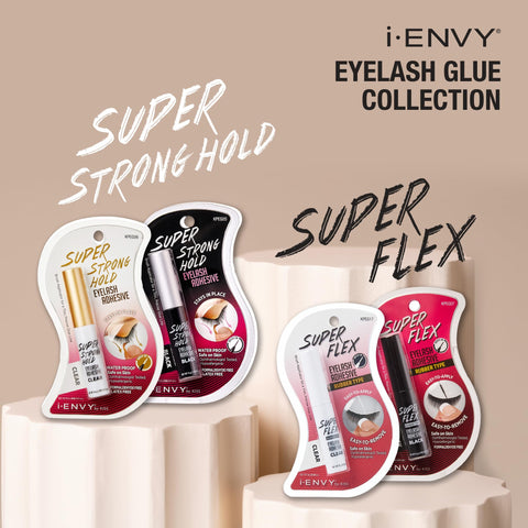 Super Strong Lash Glue For Strip Lashes With Brush-On Applicator packaging in various colors.