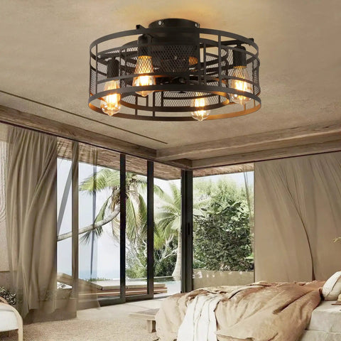 19.68 Inch Caged Ceiling Fan With Lights For Bedroom And Kitchen, Farmhouse Industrial Flush Mount With Remote in a modern bedroom