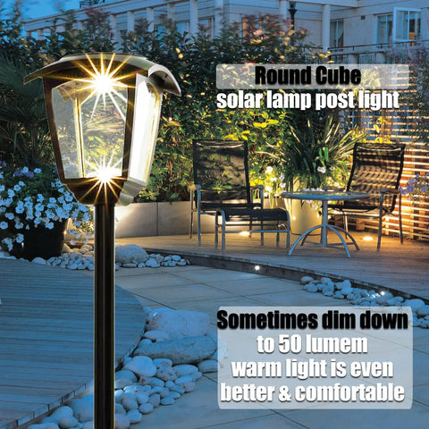Outdoor Lamp Post Light 68 Inch Tall Waterproof Solar Powered 100 Lumen Pathway Garden Lawn Patio Porch Backyard Driveway USB Rechargeable With Warm White And Cool White illuminating garden pathway on a patio