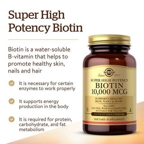 Biotin 10000 MCG Vegetarian Capsules For Energy Metabolism And Healthy Skin Nails Hair Super High Potency Non GMO Vegan Gluten Free Dairy Free Kosher Unflavored 120 Count bottle