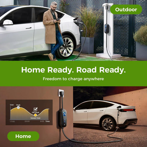 Tesla Portable Electric Vehicle Charger Level 1 And Level 2 Mobile Wall Connector With 16A Adjustable Amperage And Smart Timer Cord For Cybertruck Model 3 Y And Plug And Play Charging installed at home, charging Tesla car outdoors.