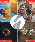Four images showing damaged screws: stuck, rusty, with thread damage, and broken. Central image of extractor bit tips.