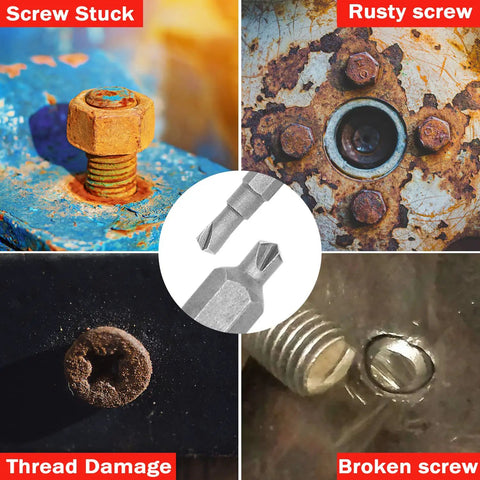 Four images showing damaged screws: stuck, rusty, with thread damage, and broken. Central image of extractor bit tips.