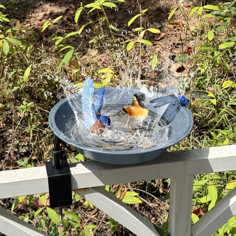 No Bull Fully Adjustable Deck Mounted Birdbath With Secure Grip Rail Clamps Pretty Darn Sturdy Gray Metal Bowl with birds bathing.