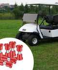 Beefed Up Heavy Duty Steel Plate Bushing Kit for golf cart suspension shown with a white golf cart on grass background