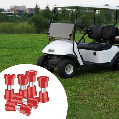 Beefed Up Heavy Duty Steel Plate Bushing Kit for golf cart suspension shown with a white golf cart on grass background