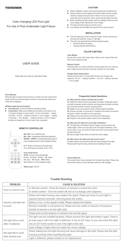 User guide for Color Changing LED Pool Light Bulb For Inground Pools 120V 40W PRO Remote Control Included.
