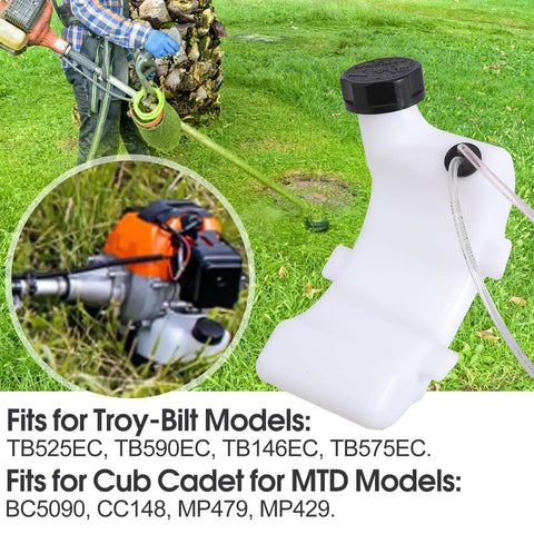 Replacement Fuel Tank For Gas Trimmer Fits Troy-Bilt TB525EC with cap and lines, showcased on lawn near grass trimmer use.