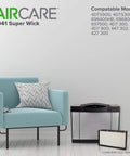Replacement Console Wick For 1041 Humidifier, AHAM Certified Output beside humidifier and sofa, compatible models listed.