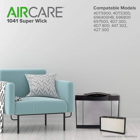 Replacement Console Wick For 1041 Humidifier, AHAM Certified Output beside humidifier and sofa, compatible models listed.