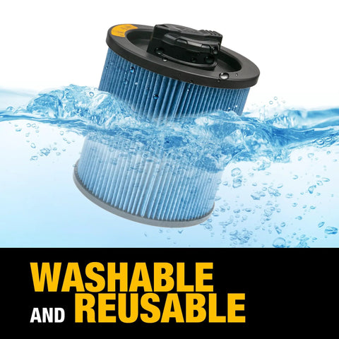 HEPA Vacuum Filter Replacement DXVC6912 For 6-16 Gallon Wet Dry Shop Vacuums shown submerged in water, washable and reusable