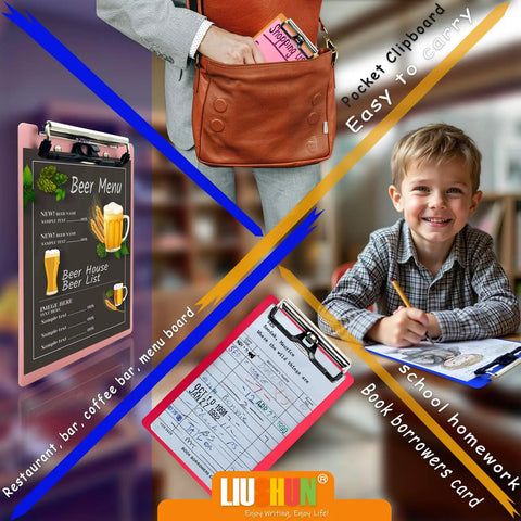 Compact Aluminum Clipboard For A6 Memos With Pen Holder And Steel Low Profile Clip Pocket Size Note Pad Tray Built Tough Brushed Aluminum Lightweight And Eco Friendly For On The Go displayed with various uses, including menu and homework.