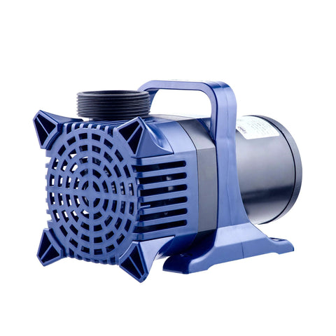 Blue submersible pond pump with top threaded outlet and carrying handle for fountains and waterfalls