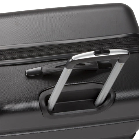 SwissGear 7366 black hardside carry-on luggage with extended silver telescoping handle (close-up view)