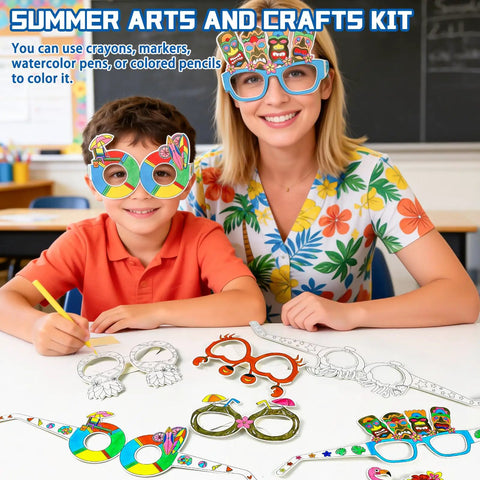 Bulk 32 Pairs Summer Craft Coloring Glasses Kit With 8 Funky Designs Hawaiian Luau Beach Party Theme in classroom setting.