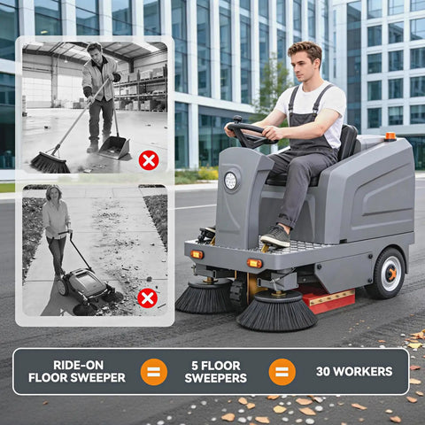 Velwoxk 51 Inch Ride-On Industrial Floor Sweeper Machine With Powerful Brooms And Vacuum Suction. Features A Generous 27 Gallon Hopper And 11 Gallon Water Tank For Spotless Jobsites. Achieve Crazy High Efficiency Of Over 92 Thousand Square Feet Per Hour
