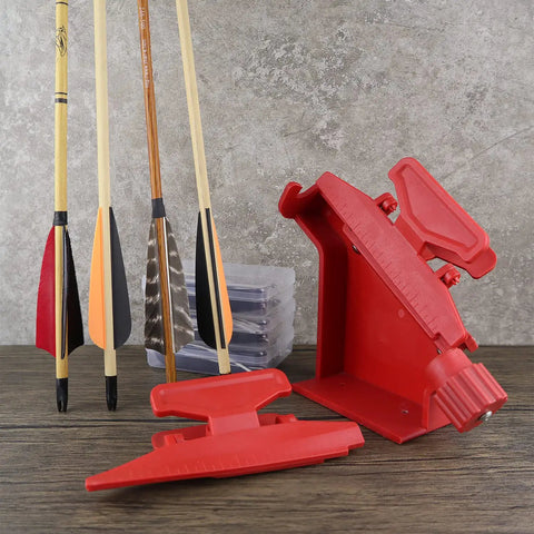 Red Fletching Jig With Straight Helix Clamps Adjustable Fletch Tool Feather Stick Kit for DIY Arrow Repairs and Bolt Tuning