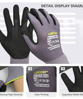 Front view: LOCCEF gray seamless knit work gloves with black nitrile palms, 6-pair pack, size 9/L