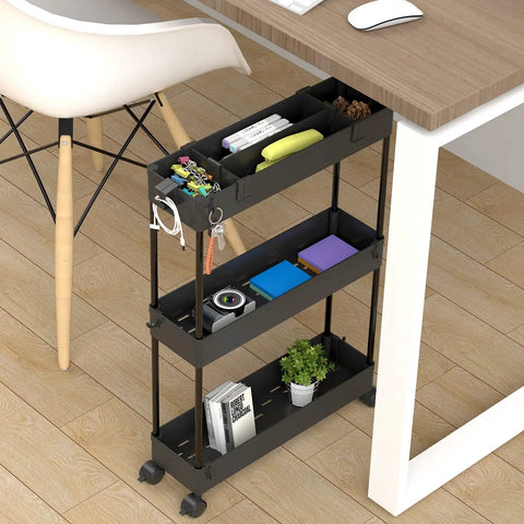 Space Saving Slim Storage Cart With 3 Tier Rolling Utility Smart Organizer Fits Tight Spots In Narrow Gaps In Bathroom Kitchen Laundry Or Office Black, placed next to a desk holding office supplies.
