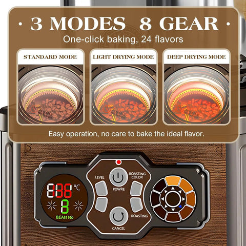 Kick Your Morning Routine Up A Notch With This Awesome 220V Automatic Coffee Bean Roaster Featuring A Clear Viewing Window Ultra Low Decibel Shell Collector And Custom Heat Dials For Next Level Home Barista Vibes digital control panel showing modes and temperature.