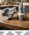 Heavy Duty PVC Pipe Threading Tool Kit For 1/2 And 3/4 Inch Lines Cut Internal External Threads Fast With Standard Drill close-up of alloy steel cutters.