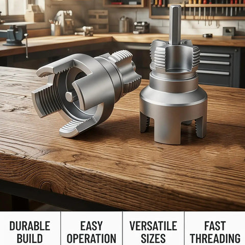 Heavy Duty PVC Pipe Threading Tool Kit For 1/2 And 3/4 Inch Lines Cut Internal External Threads Fast With Standard Drill close-up of alloy steel cutters.