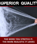 Premium Super Stretchy Halloween Spider Webs Covering 1400 Square Feet With 150 Extra Fake Spiders showing realistic stretch and texture.