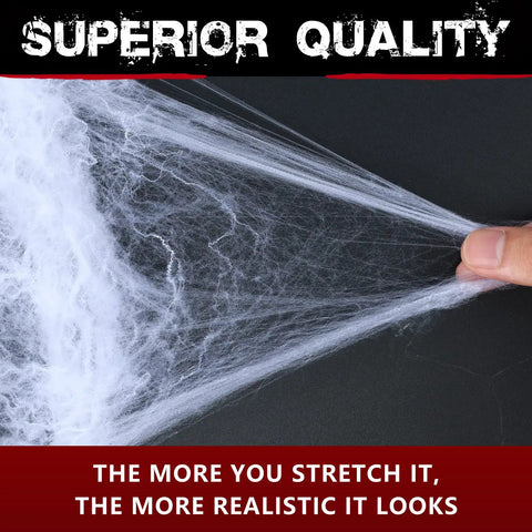 Premium Super Stretchy Halloween Spider Webs Covering 1400 Square Feet With 150 Extra Fake Spiders showing realistic stretch and texture.