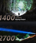 Compact Rechargeable Spotlight With Adjustable Focus And Stand, 2700 Foot Range, illuminating forest and mountain at night