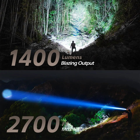 Compact Rechargeable Spotlight With Adjustable Focus And Stand, 2700 Foot Range, illuminating forest and mountain at night