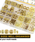 Brass compression fittings kit; front view in box, 255 pcs incl ferrules, sleeves, nuts, inserts for 1/2 to 1/8 in tubes.