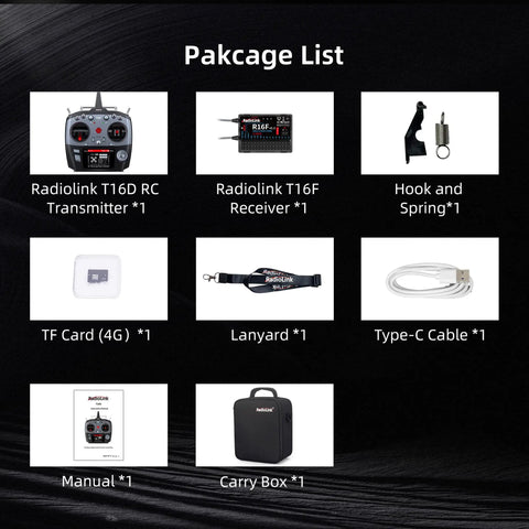 Package contents of T16D 16Channel 2.4G RC Transmitter With R16F Receiver Supports ELRS And Crossfire Long Range Modules