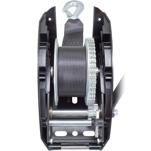 Heavy Duty Boat Trailer Winch With 1500 Lb Capacity, Full Cover Rust Resistant Finish, Horizontal Pulling And Lifting For Small Crafts, 20ft Strap, 9.5 Inch Handle, Reversible Ratchet With Freewheel, Made In USA front view
