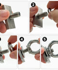 Installation of Heavy Duty Stainless Steel Shoulder Eye Bolts 4 Pack With M8 Threads, showing slot nuts, washers, and spring washers
