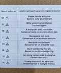 Multilingual storage and handling instructions label on cardboard packaging.