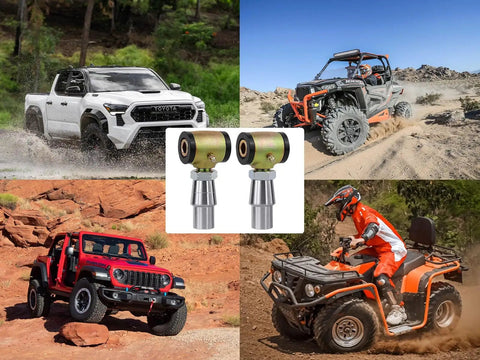 Collage with off-road vehicles and Three-Quarter Inch Threaded Bushing Kit for Four-Link Suspension and Replacing Worn Rod Ends