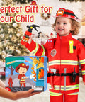 Rad Firefighter Dress Up Costumes For Kids With Lit Glow Helmet Water Sprayer Axe Walkie Talkie Badge And Tool Accessory Set Perfect For Youth Age 4 To 12, boy in red fireman costume holding water sprayer.