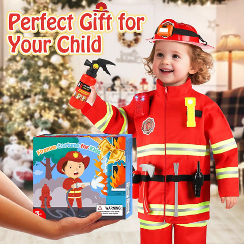 Rad Firefighter Dress Up Costumes For Kids With Lit Glow Helmet Water Sprayer Axe Walkie Talkie Badge And Tool Accessory Set Perfect For Youth Age 4 To 12, boy in red fireman costume holding water sprayer.