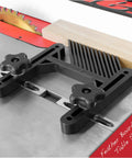 Pro Grade 4 Piece Woodworking Safety Kit Feather Board on Table Saw in use, showing black feather board securing wood.
