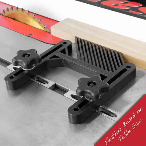 Pro Grade 4 Piece Woodworking Safety Kit Feather Board on Table Saw in use, showing black feather board securing wood.