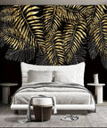 Elegant bedroom with black and gold tropical leaf wallpaper accent behind bed, modern design creating sophisticated ambiance