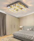 Modern Crystal Chandelier 16 Inch, Adjustable LED Lighting With 3 Color Temperatures, two layer square flush mount in bedroom.