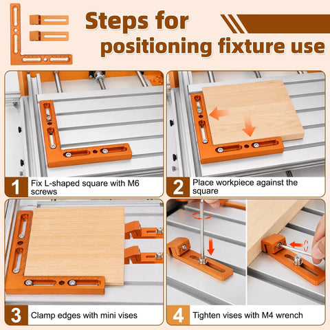 Steps for positioning fixture use with Precision CNC Quick Change Side Clamping Vise for seamless workpiece positioning.