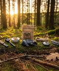English Flint Fire Starter Kit With Two Large UK Flint Stones And Emergency Jute Tinder Bag For Bushcraft Camping And Survival in forest scene