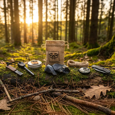 English Flint Fire Starter Kit With Two Large UK Flint Stones And Emergency Jute Tinder Bag For Bushcraft Camping And Survival in forest scene