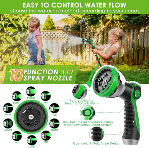 FlexiSolve Garden Hose 100 ft with green and black 10-pattern spray nozzle and adjustable dial