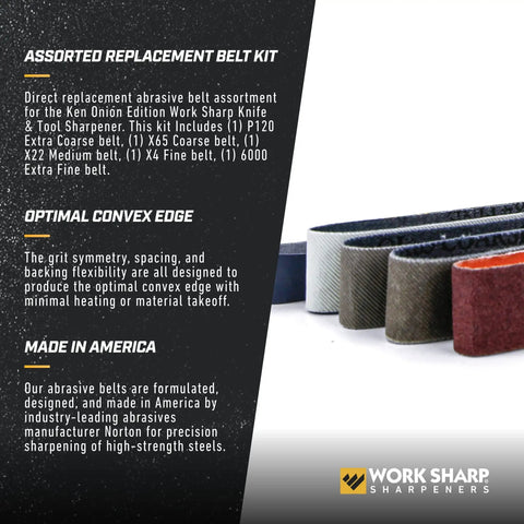 Assorted Belt Kit For Ken Onion Edition Sharpener Including P120 Extra Coarse, X65 Coarse, X22 Medium, X4 Fine, And Six Thousand Micro Mesh.
