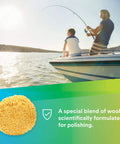 Wool Polishing Pad For Boats Cars Trucks And RVs 9 Inch Single Sided Yellow Buffing Pad shown with fishing boat background.