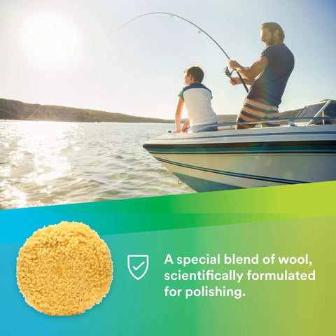Wool Polishing Pad For Boats Cars Trucks And RVs 9 Inch Single Sided Yellow Buffing Pad shown with fishing boat background.