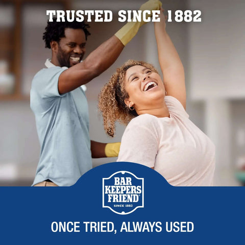 Smiling couple enjoying cleaning results, text 'Trusted Since 1882' and 'Once Tried, Always Used' with Bar Keepers Friend logo